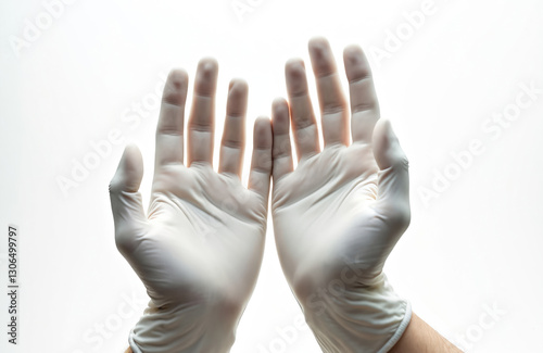 Hands in white latex gloves up, isolated on white. Open male arms raised shows skin condition, iron deficiency. Sign of anemia, circulatory problems, cold or clammy limbs, health issues.