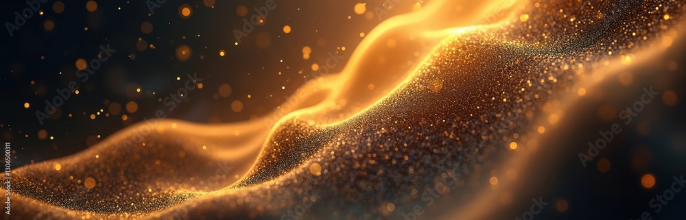 Golden wave of blurred particle glitter. Abstract dynamic mesh, big data tech visual. Yellow, red glow graphic wallpaper, techno backdrop. Modern digital noise design, smooth motion effect. Golden wave of blurred particle glitter. Abstract dynamic mesh, big data tech visual. Yellow, red glow graphic wallpaper, techno backdrop. Modern digital noise design, smooth motion effect.