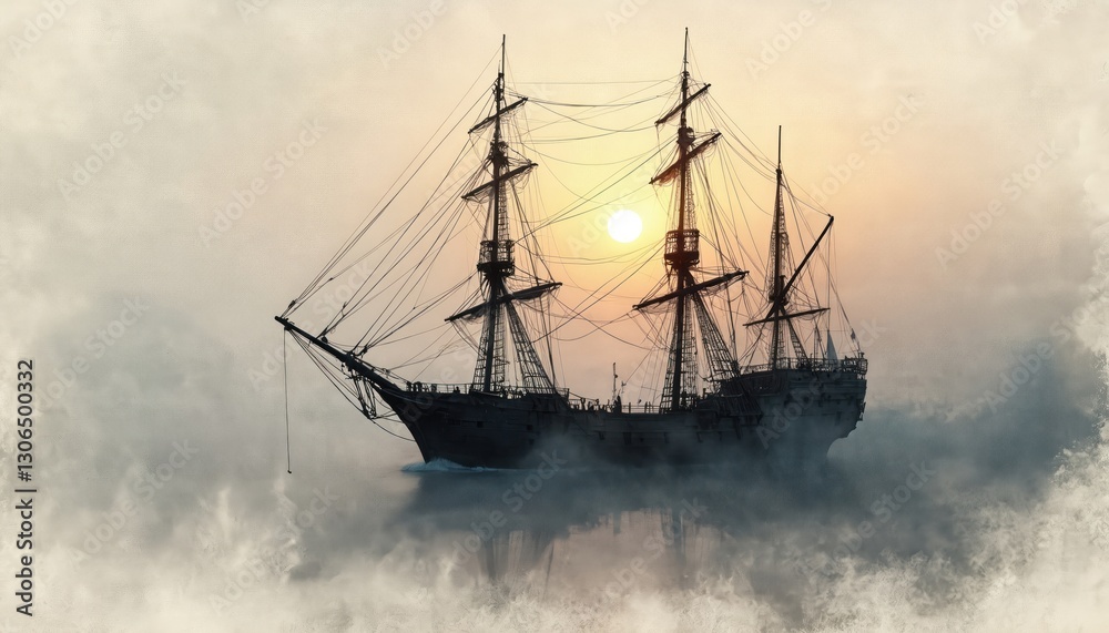 Sailboat silhouette against sunset sky. Historic frigate sails on sea with water splashes. Tall ship sails to horizon. Marine adventure, sea voyage. Clouds around. Maritime history, naval ship Sailboat silhouette against sunset sky. Historic frigate sails on sea with water splashes. Tall ship sails to horizon. Marine adventure, sea voyage. Clouds around. Maritime history, naval ship