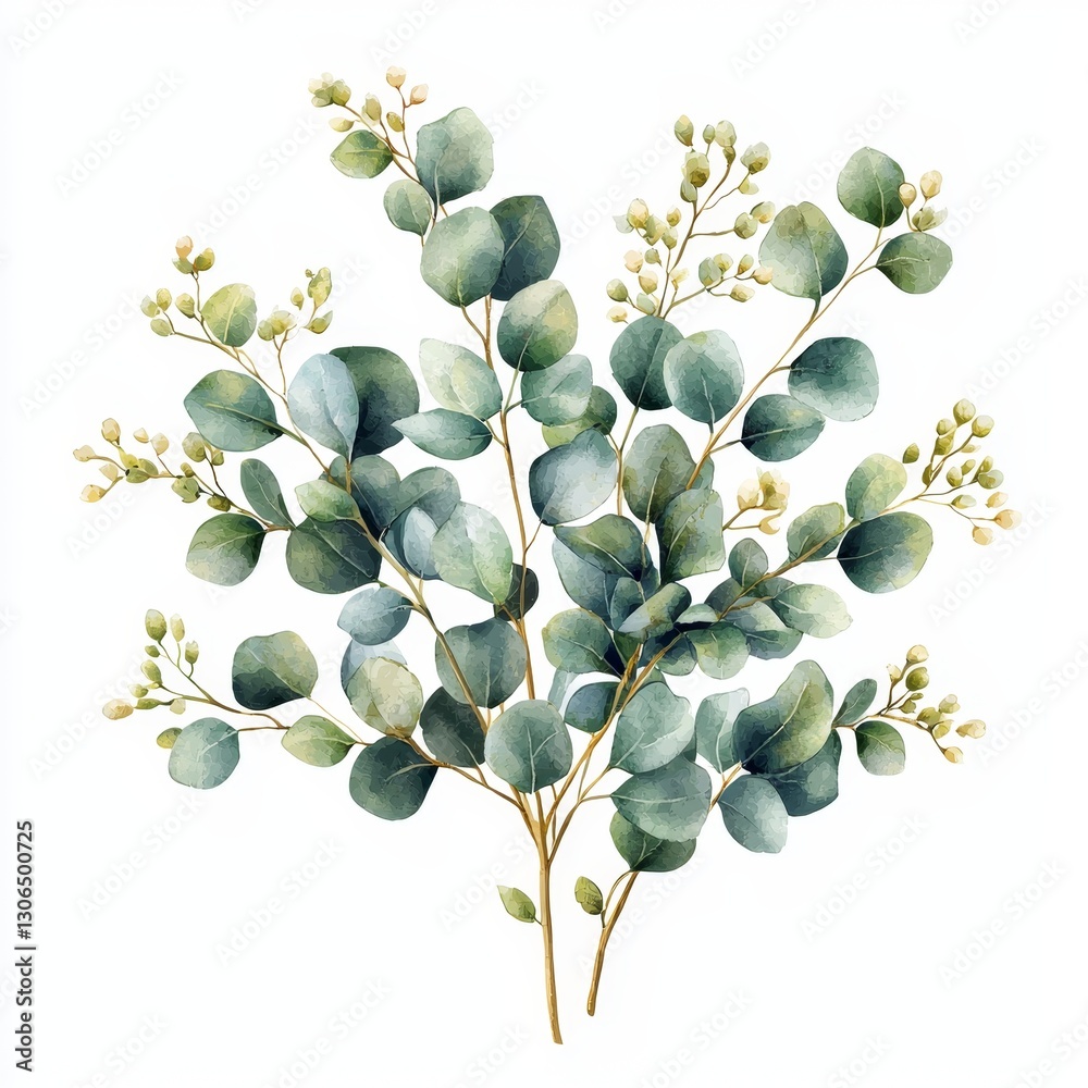 Obraz premium A delicate watercolor illustration of eucalyptus leaves and buds, showcasing soft greens and a natural, organic aesthetic.