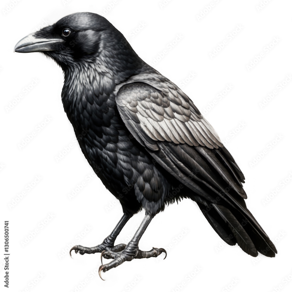 Fototapeta premium Black bird standing still, isolated png transparent background. Raven with dark feathers. Bird illustration with transparent background for easy use.