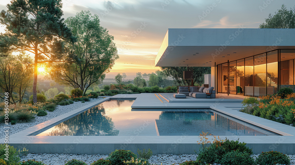 Fototapeta premium Minimalist villa with infinity pool and sunset view