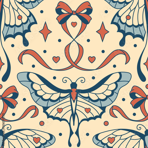 Elegant seamless pattern. Vintage Art Deco moths, delicate bows. Bohemian coquette style pattern. Graphics inspired by mysticism and mystery