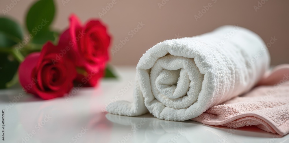 Perfectly rolled bath towel, vibrant red rose accent, white, blossom, object Perfectly rolled bath towel, vibrant red rose accent, white, blossom, object