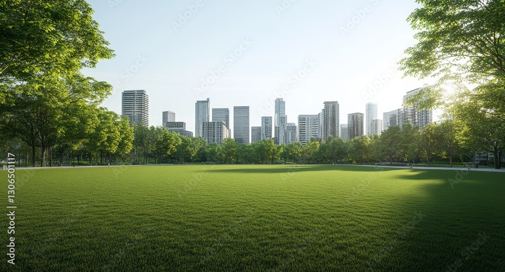 Lush parkland, morning sun, cityscape backdrop, urban oasis Lush parkland, morning sun, cityscape backdrop, urban oasis