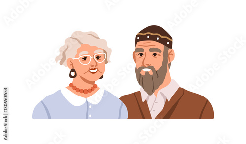 Elderly couple portrait. Happy senior married man and woman smiling. Old aged family. Retired mature spouses, grandparents in retirement. Flat vector illustration isolated on white background