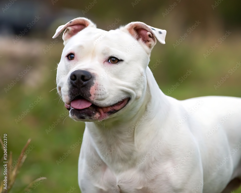 A close-up of a white English Staffordshire bull terrier A close-up of a white English Staffordshire bull terrier