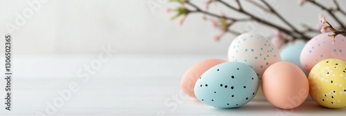 A bunch of Easter eggs are arranged on a white background. The eggs are of different colors, including yellow, blue, and pink. The arrangement creates a cheerful and festive mood