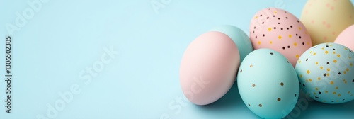 A blue, pink, and yellow egg is surrounded by other eggs. The eggs are decorated with polka dots and are arranged in a row
