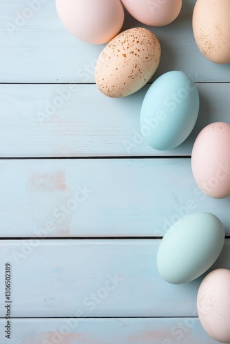 A row of eggs with different colors and a blue background. The eggs are arranged in a way that they look like they are sitting on a wooden surface. The colors of the eggs create a sense of harmony