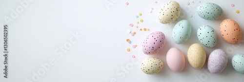 A colorful assortment of eggs with a white background. The eggs are of different colors and sizes, and they are scattered around the background. Concept of playfulness and joy