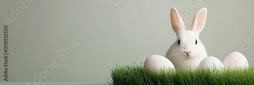 A white rabbit is sitting on a bed of grass with four eggs in front of it. Concept of innocence and playfulness, as the rabbit is surrounded by the soft, natural elements of grass and eggs