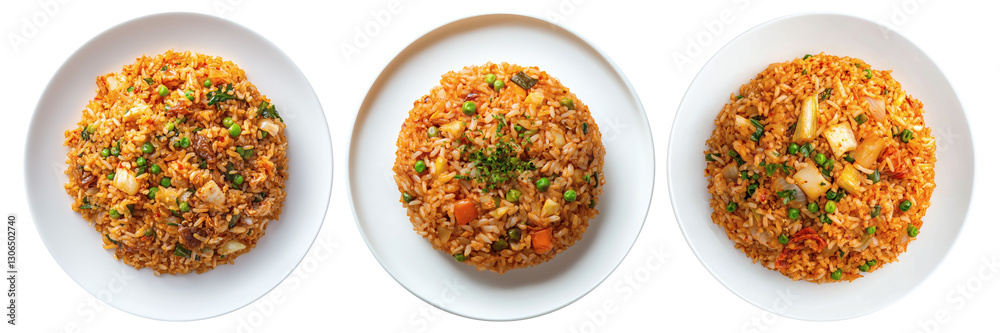 Fried Rice on white plate, top view with transparent background Fried Rice on white plate, top view with transparent background
