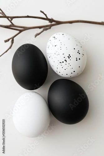 Four eggs, two black and two white, are arranged in a square. The eggs are placed on a white surface, with a branch in the background. The arrangement of the eggs creates a sense of balance