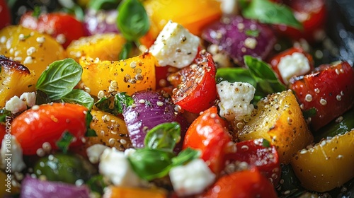 | SCENE: Title: Quinoa Salad with Roasted Vegetables and Feta | An ultra-realistic, vibrant close-up shot of meticulously plated to convey a genuine, homemade