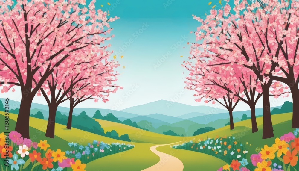 Two cherry blossom trees frame a peaceful path in a colorful meadow, creating a serene spring landscape filled with vibrant flowers and a clear sky. Two cherry blossom trees frame a peaceful path in a colorful meadow, creating a serene spring landscape filled with vibrant flowers and a clear sky.
