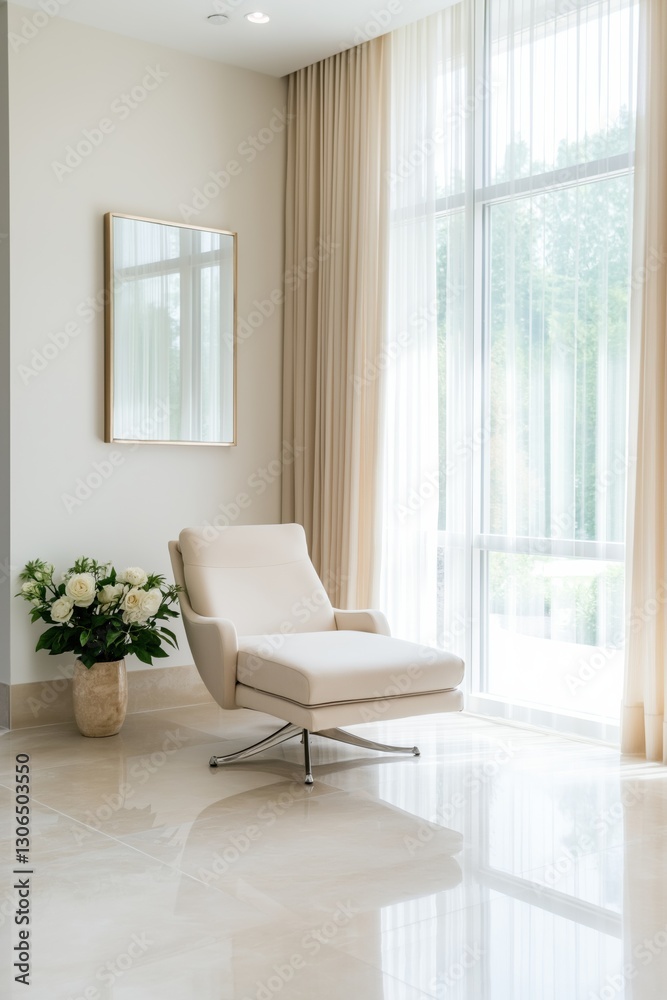 Fototapeta premium A white chair is sitting in front of a mirror and a vase of flowers. The chair is facing a window with white curtains. The scene is simple and elegant, with the white chair
