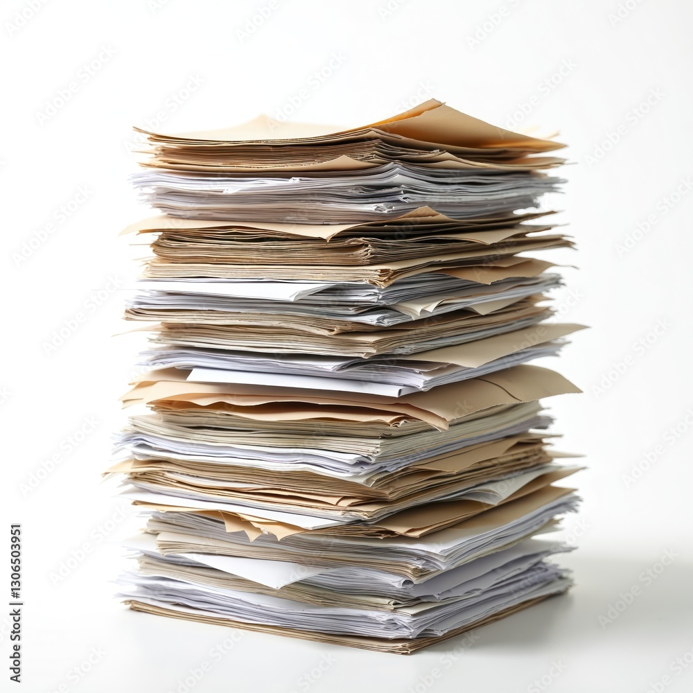 Large stack of used brown file folders, white papers on white background. Pile of waste paper ready for recycling, documents, paperwork heap for disposal. Office work, business, ecology, reusing Large stack of used brown file folders, white papers on white background. Pile of waste paper ready for recycling, documents, paperwork heap for disposal. Office work, business, ecology, reusing