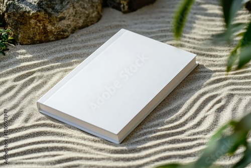White closed book mockup in zen garden. Minimalistic mockup for design and printing