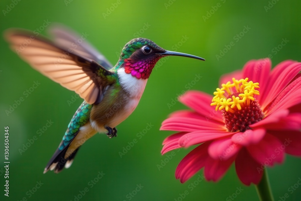 Obraz premium Close-up of vibrant hummingbird hovering near flower, iridescent, exotic