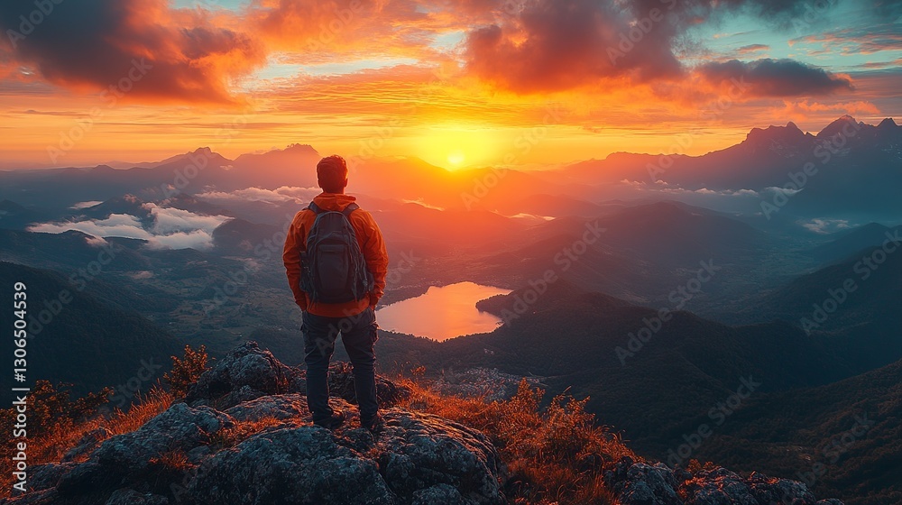 Solitude at Sunrise: A hiker stands atop a mountain peak, gazing at the breathtaking sunrise over the valley. A moment of awe and wonder. Solitude at Sunrise: A hiker stands atop a mountain peak, gazing at the breathtaking sunrise over the valley. A moment of awe and wonder.