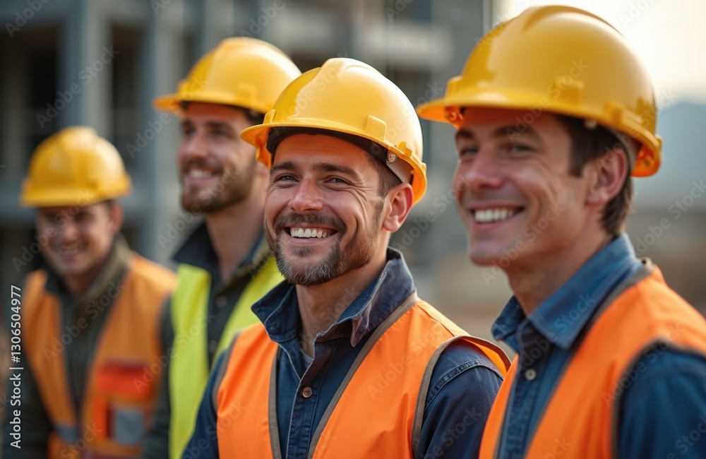 Team of smiling builders in helmets, vests on construction site. Construction workers team wearing safety equipment. Successful construction company engineers, architects. Men at work. Building Team of smiling builders in helmets, vests on construction site. Construction workers team wearing safety equipment. Successful construction company engineers, architects. Men at work. Building