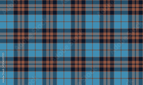 Seamless plaid, blue, navy, orange, is a modern and bright pattern, suitable for designing clothes, skirts, and pants, adding a distinctive and unique look to the outfit.