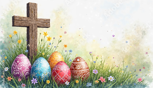 Beautiful Watercolor Painting of a Cross and Vibrant Easter Eggs – A Symbolic and Festive Image for Holiday Marketing