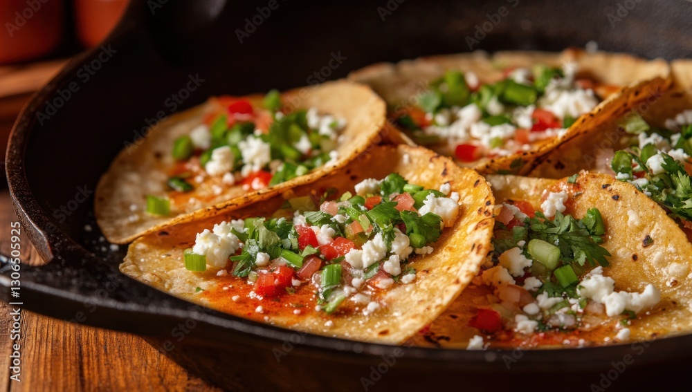 Delicious, crispy, golden tacos, topped with fresh ingredients, in a hot cast iron skillet. Delicious, crispy, golden tacos, topped with fresh ingredients, in a hot cast iron skillet.