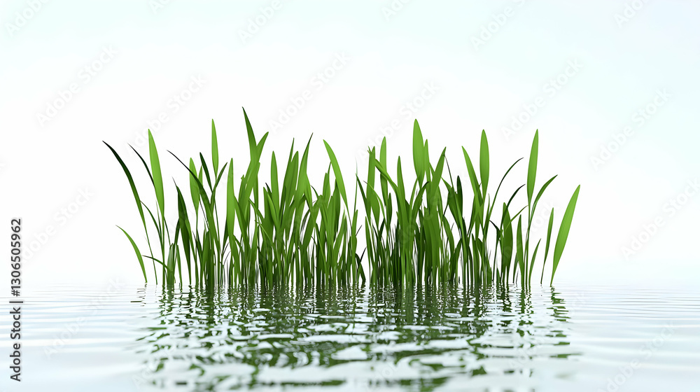 Obraz premium Lush Green Grass Growing in Calm Water Under Soft Light Background