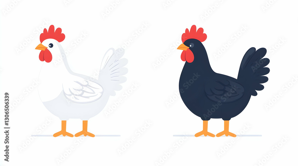 Fototapeta premium Colorful Cartoon Chickens Standing on White Background