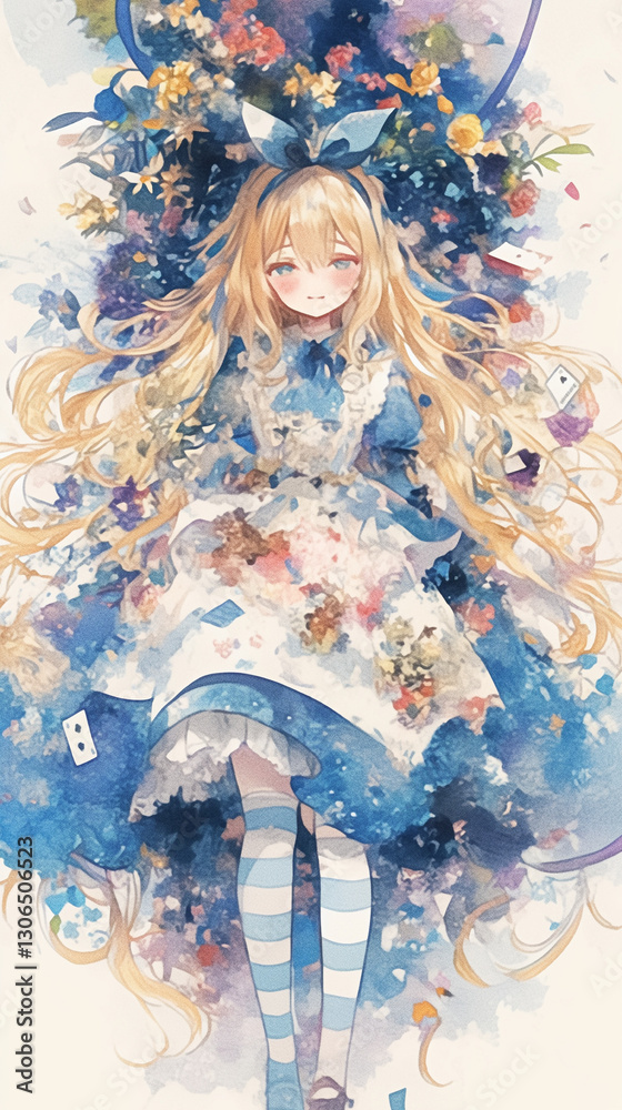 Fototapeta premium 幻想的なアリスの肖像画 夢見る表情の水彩風金髪少女
