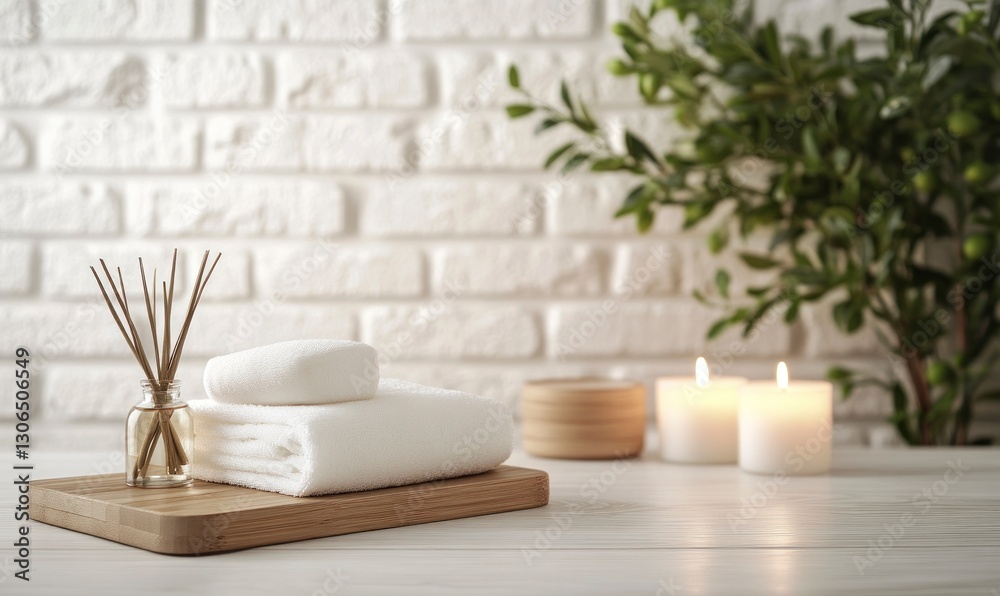 Spa Day Still Life with Towel Candles and Diffuser for Wellness Spa Day Still Life with Towel Candles and Diffuser for Wellness