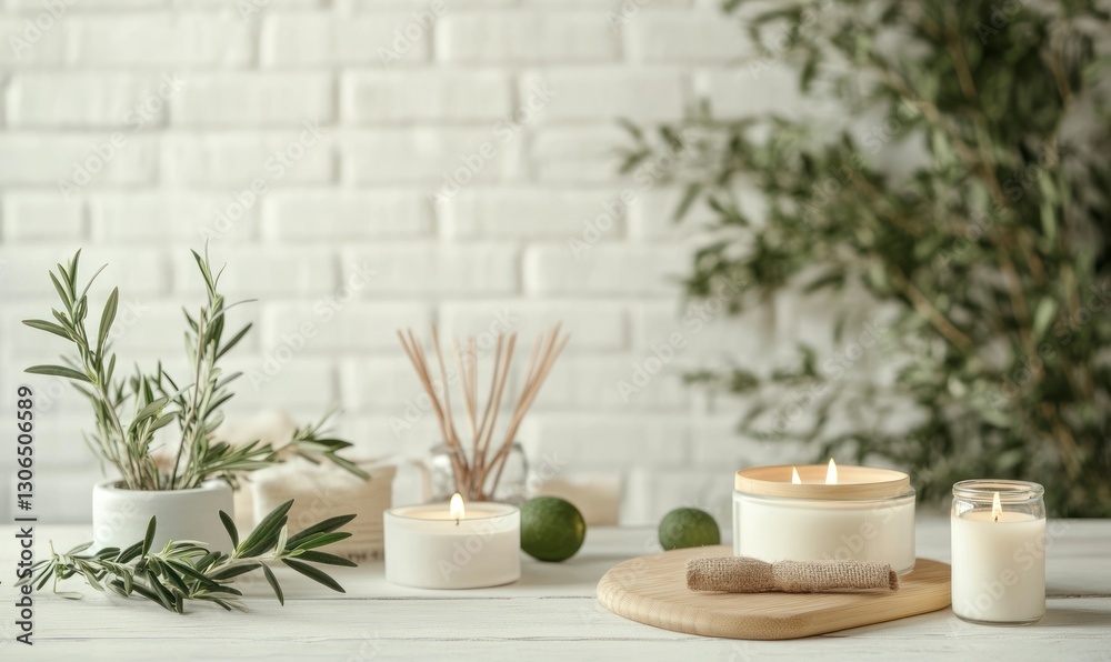 Burning Candles and Aromatherapy Diffuser for Spa and Relaxation Still Life Burning Candles and Aromatherapy Diffuser for Spa and Relaxation Still Life