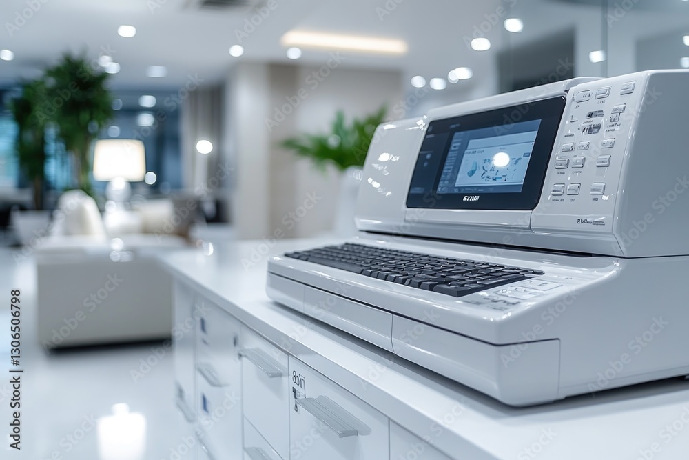 A laptop computer placed on a clean and modern white counter A laptop computer placed on a clean and modern white counter