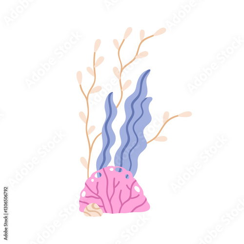 Underwater sea plants. Marine flora. Tropical water alga, seaweed, leaf grass coral shell. Exotic organic natural decoration for aquarium. Flat vector illustration isolated on white background