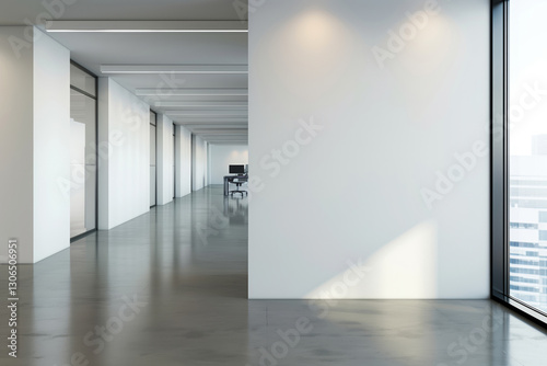 Obraz na płótnie Empty white office wall Mockup. Blank modern bright interior softly lighted by a large window. Generative ai w salonie