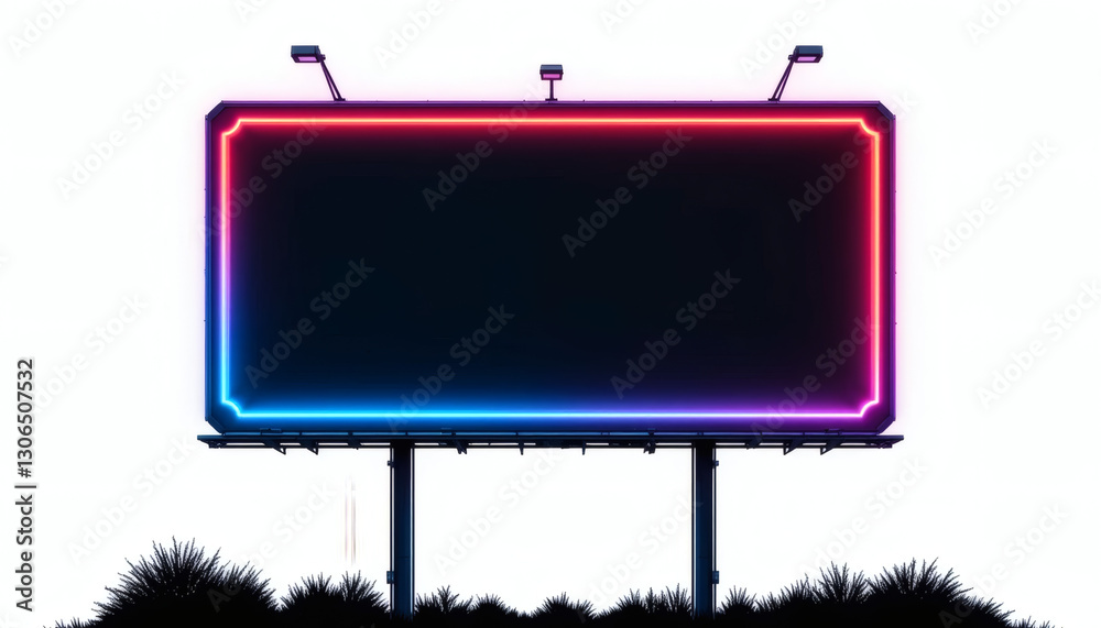 Fototapeta premium Retro 8-bit Pixel Billboard with Neon Outline and Blank Space for Text, Isolated on White for Vintage Advertising Look