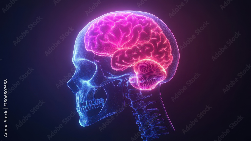 futuristic X ray visualization of human skull with glowing brain, showcasing intricate neural structures and vibrant colors. This striking image highlights complexity of human anatomy futuristic X ray visualization of human skull with glowing brain, showcasing intricate neural structures and vibrant colors. This striking image highlights complexity of human anatomy