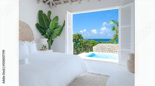Serene Modern Bedroom with Ocean View and Tropical Vibes