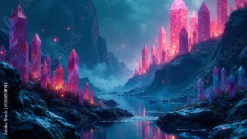 Serene twilight landscape featuring a mystical river flowing between hills adorned with luminescent crystal formations, creating an ethereal and captivating scene.