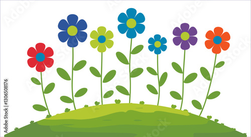 Bright garden flowers with green leaves on a hilltop vector. Colorful meadow flowers with leaves on a green slope vector art. Colorful flowers on green hill spring nature vector illustration