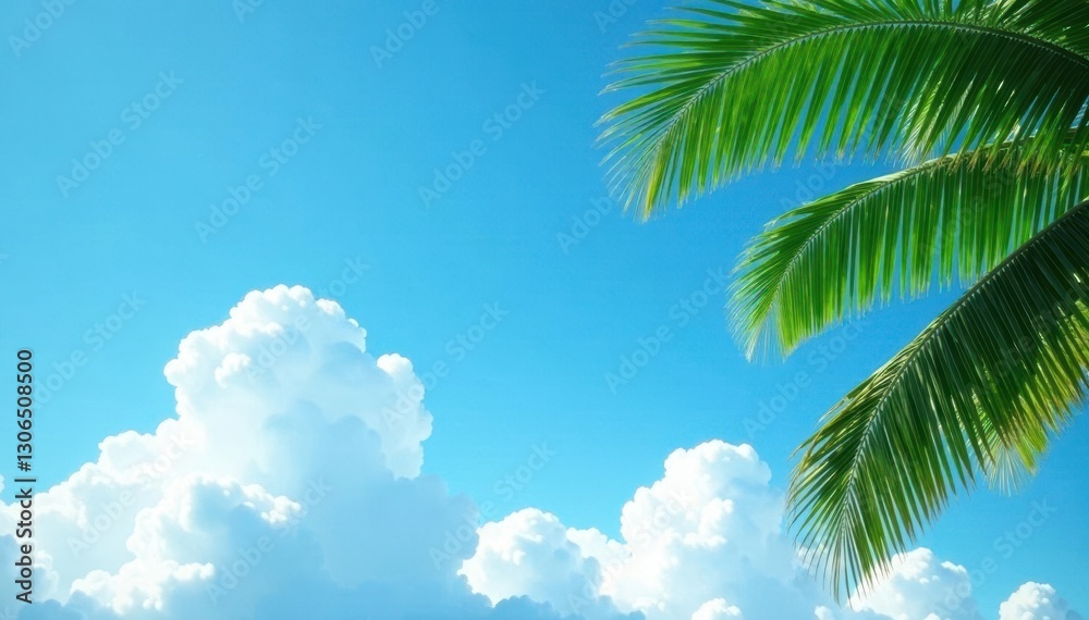 Fototapeta premium Fluffy white clouds float gently on a clear bright blue sky with swaying coconut leaves, calmness, nature, green leaves