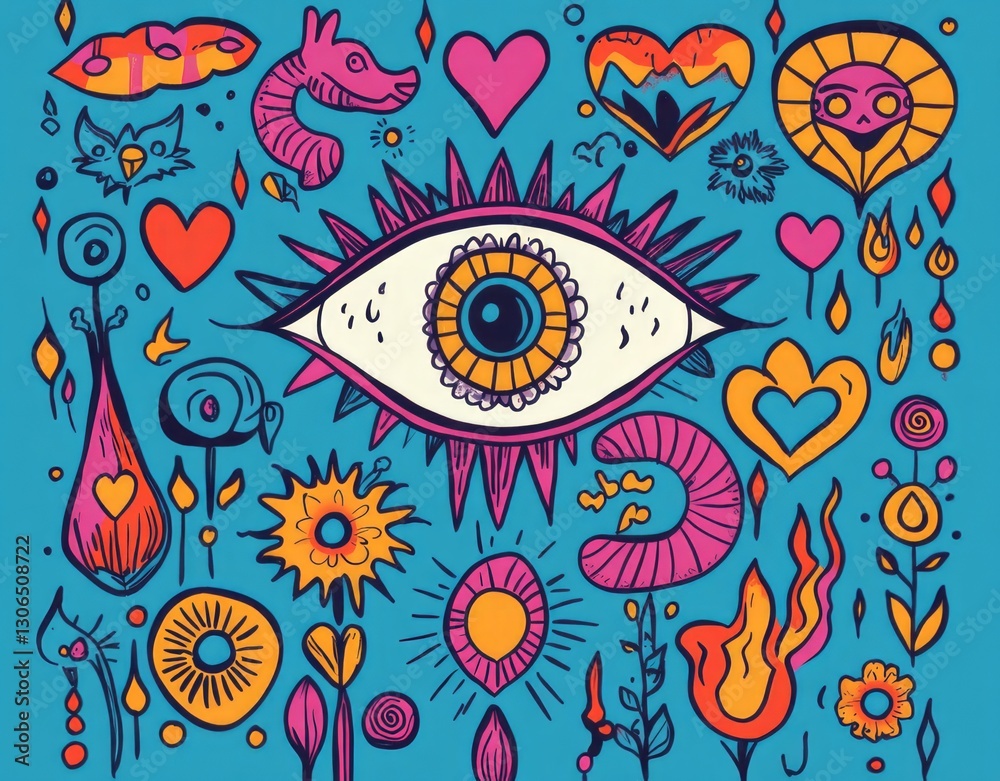 Naklejka premium symmetrical pattern with colorful geometric shapes and an eye in the center.