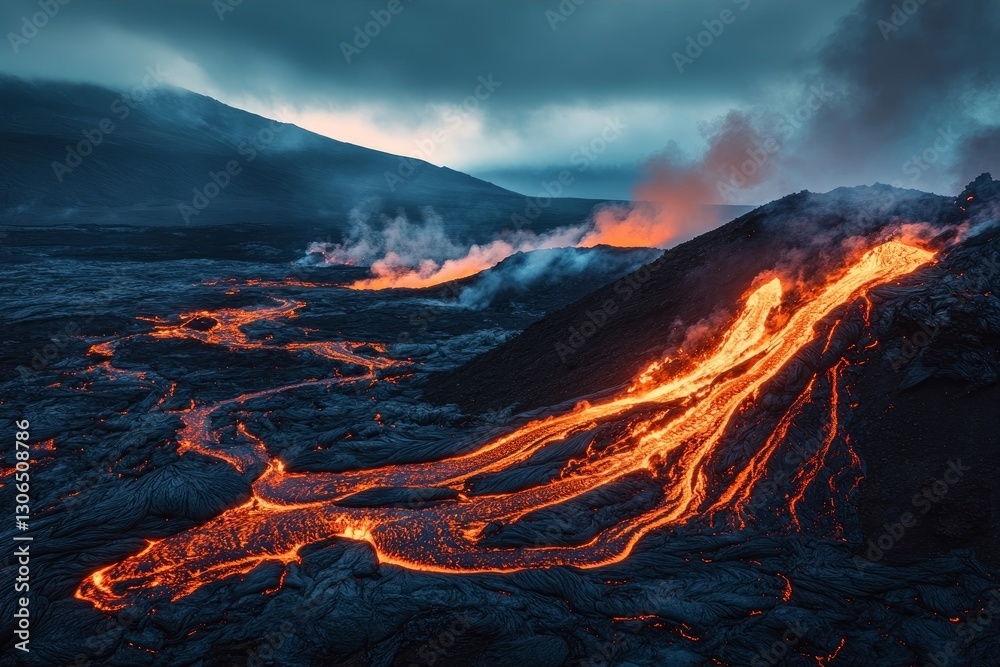 Fototapeta premium Volcanic landscape with lava flows, epitomizing the fiery wrath of nature, with visible smoky eruptions and a charred, desolate backdrop