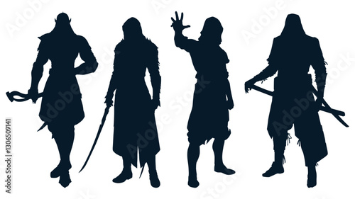 Set pack of superhero silhouettes using swords and super powers with various body element poses designed with a children's entertainment theme.