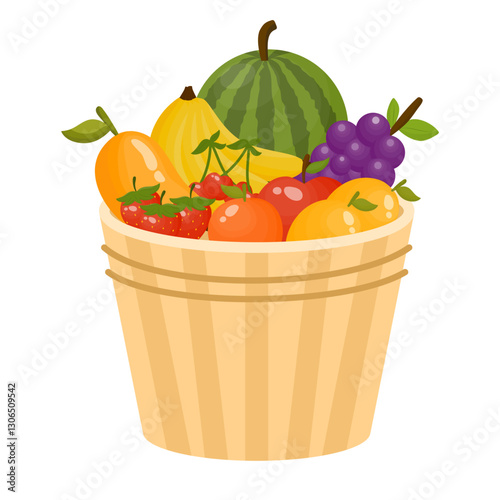 Fresh Fruits and Vegetables in Wooden Baskets. A Basket of 