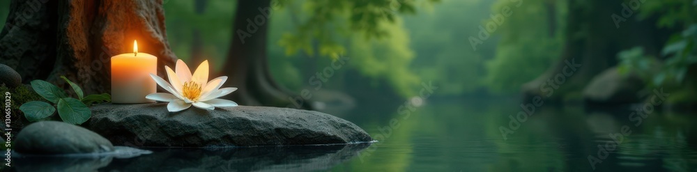 Fototapeta premium peaceful stone landscape with lit candle and white lily amidst trees, calm, peaceful