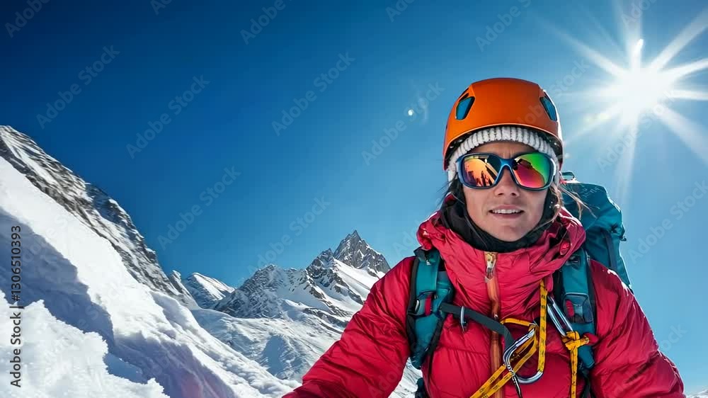 Young woman climbing snowy mountain under bright sun, wearing gear and sunglasses Young woman climbing snowy mountain under bright sun, wearing gear and sunglasses