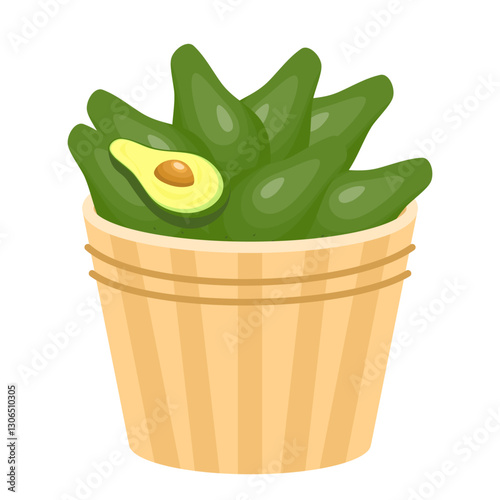 Fresh Fruits and Vegetables in Wooden Baskets. A Basket of Avocados
